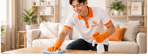 A KindGo cleaner in a branded polo wiping a coffee table in a bright living room