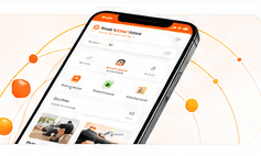 KindGo mobile app on a smartphone surrounded by floating orange orbs