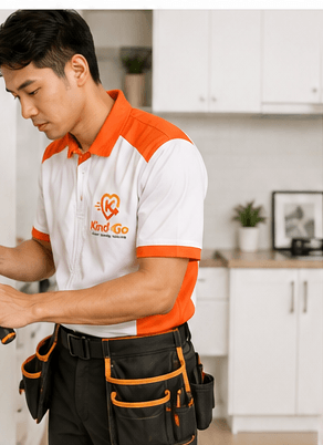 KindGo technician with a tool belt repairing a wall light switch
