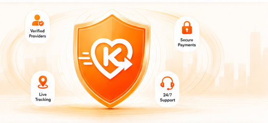 KindGo safety shield with verified providers, secure payments, live tracking and 24/7 support